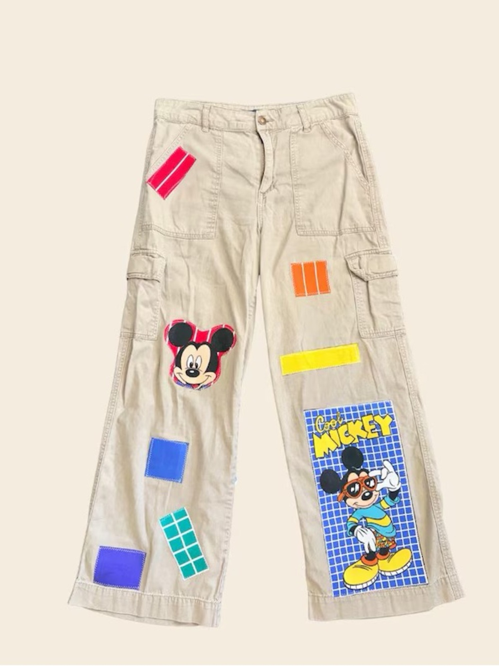 Repurposed Cargo Jeans with Mickey Mouse Patches // Size 11 // Disneyland